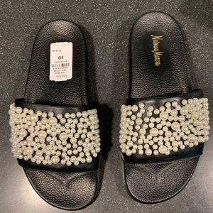 Neiman Marcus pearl embellished slide/sandals.